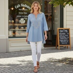 J.Jill 100% Cotton Denim M Boho Blouse Cottagecore Embroidered Festival Western
